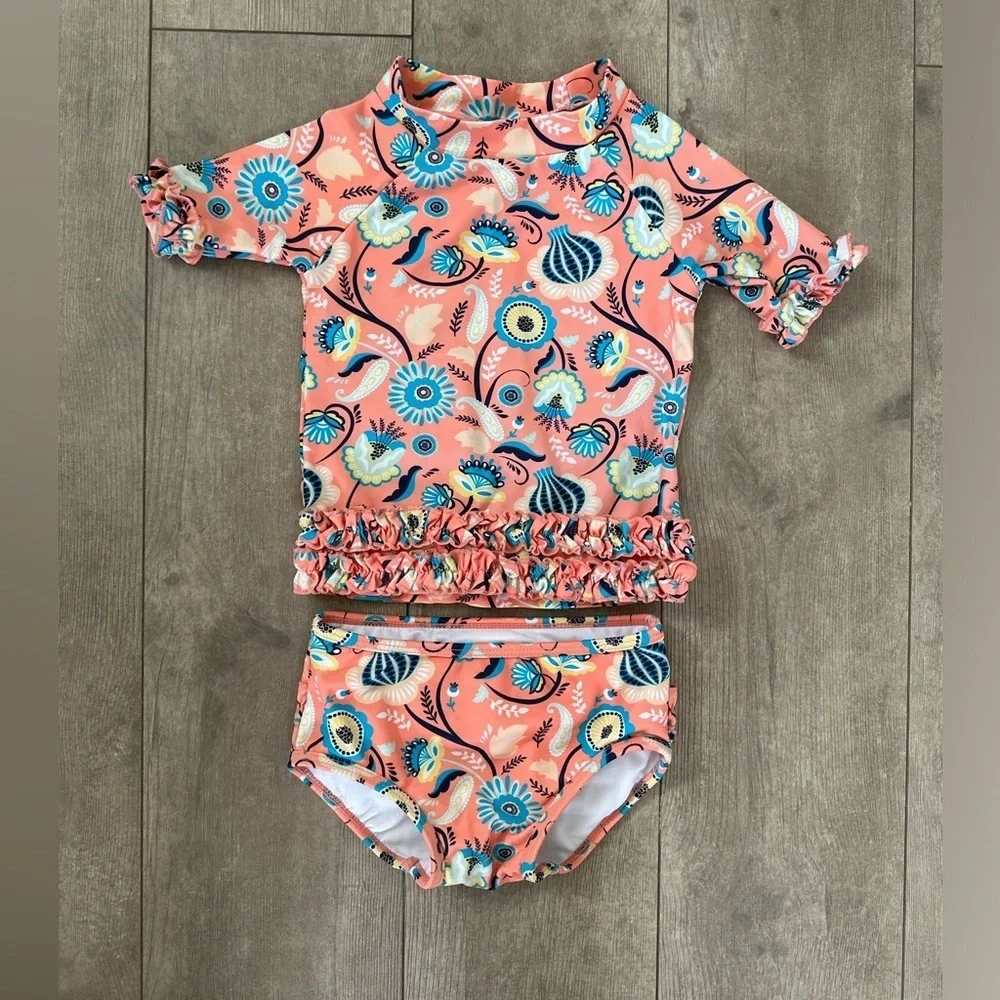 RuffleButts Paisley Paradise Two-Piece Rashguard Swimsuit Size 18-24 months